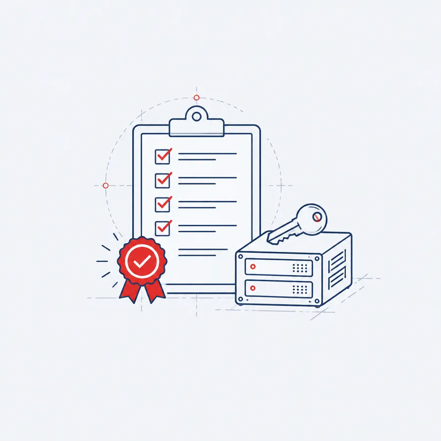 Sketch: a completed checklist with an acceptance seal and a key on a server module