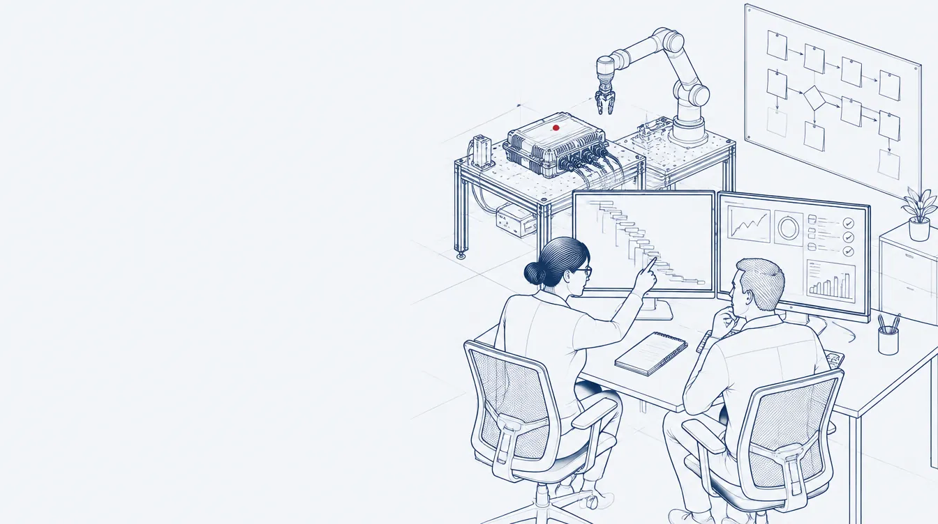 Ink drawing: a consultant beside a client engineer at two monitors, with a control unit on a test bench behind them